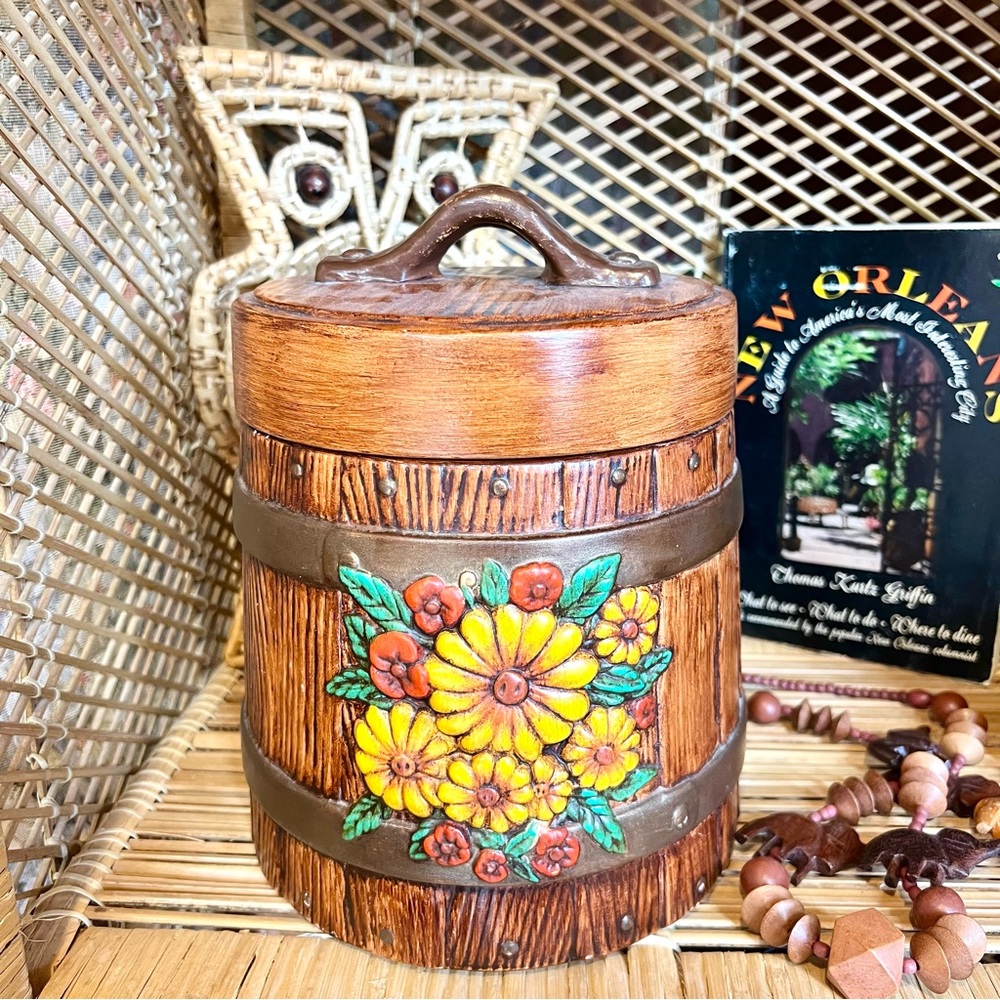 Vintage Antique Milk Jug Barrel Floral HANDMADE COOKIE JAR Sunflower 🌻 Theme - Picture 2 of 7